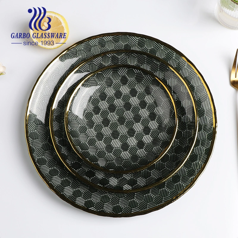 Handmade Centrifugal Process Electroplated Color Glass Charger Plates with Real Gold Rim