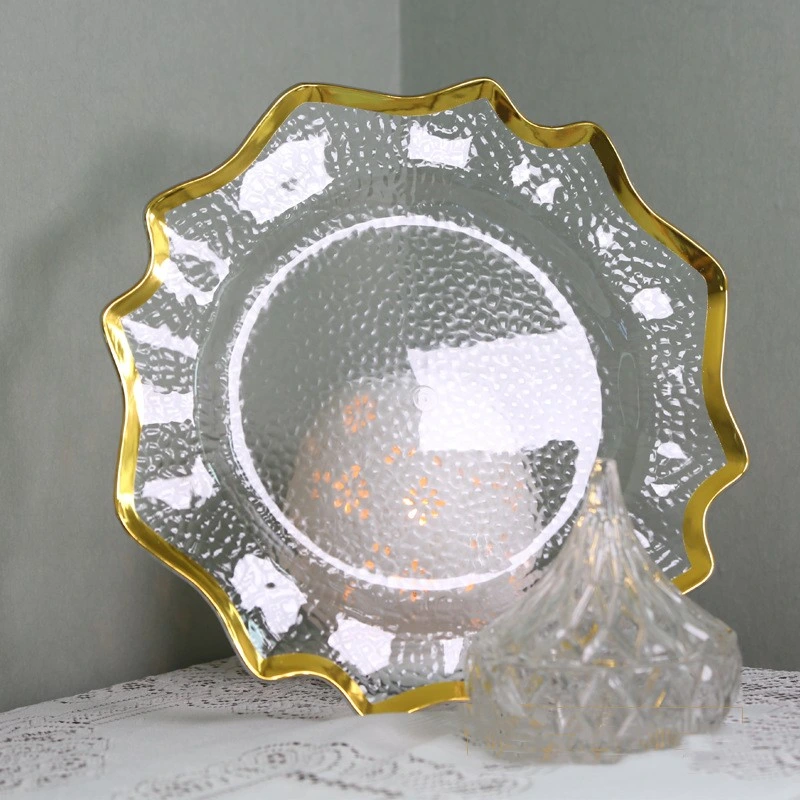 Transparent Wedding Ceremony Plastic Floral Party Home Decoration Charger Plates with Gold Rim