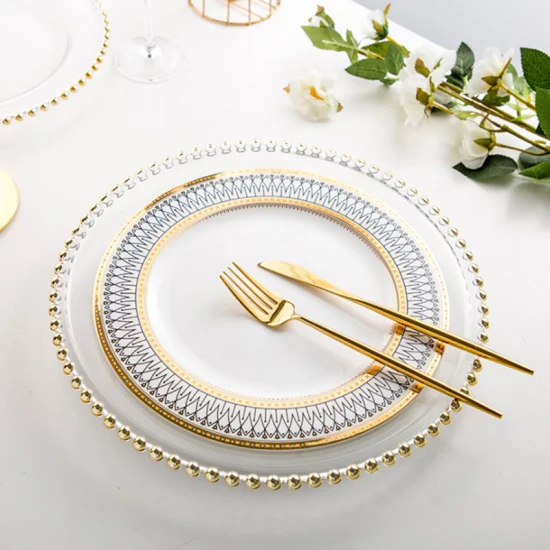 Wholesale Price 13 Inch Plates with Gold Rim Beads Dishes & Plates Jewelry Round Shape Wedding Party Dining Banquet Table Clear Plastic Beaded Charger Plate