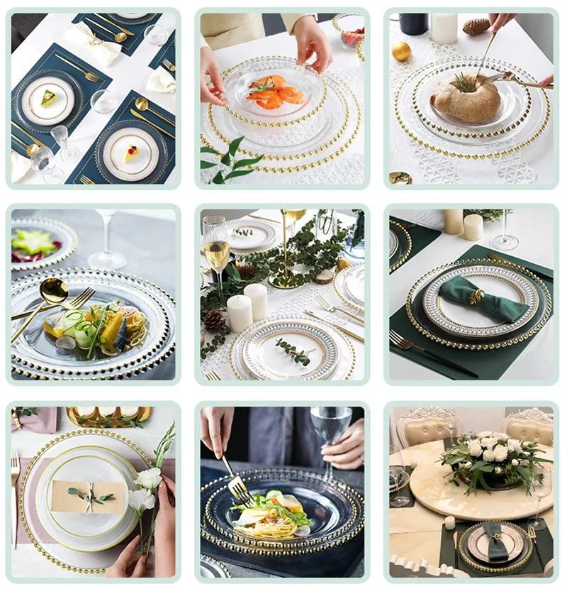 Wholesale Price 13 Inch Plates with Gold Rim Beads Dishes &amp; Plates Jewelry Round Shape Wedding Party Dining Banquet Table Clear Plastic Beaded Charger Plate