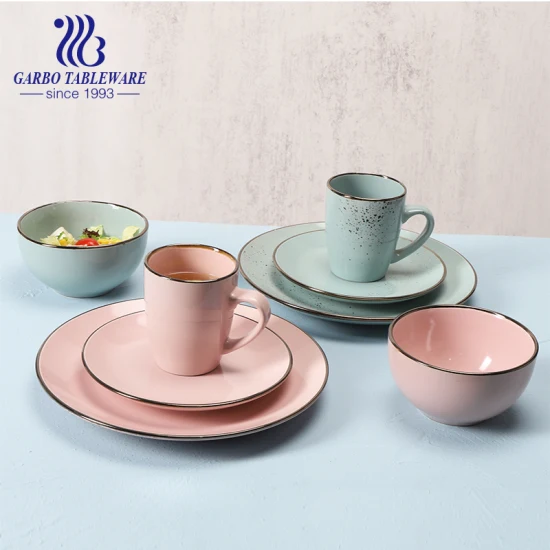 Color Glaze Pink Stoneware Luxury Dinner Set Plate Bowl with Gold Edge